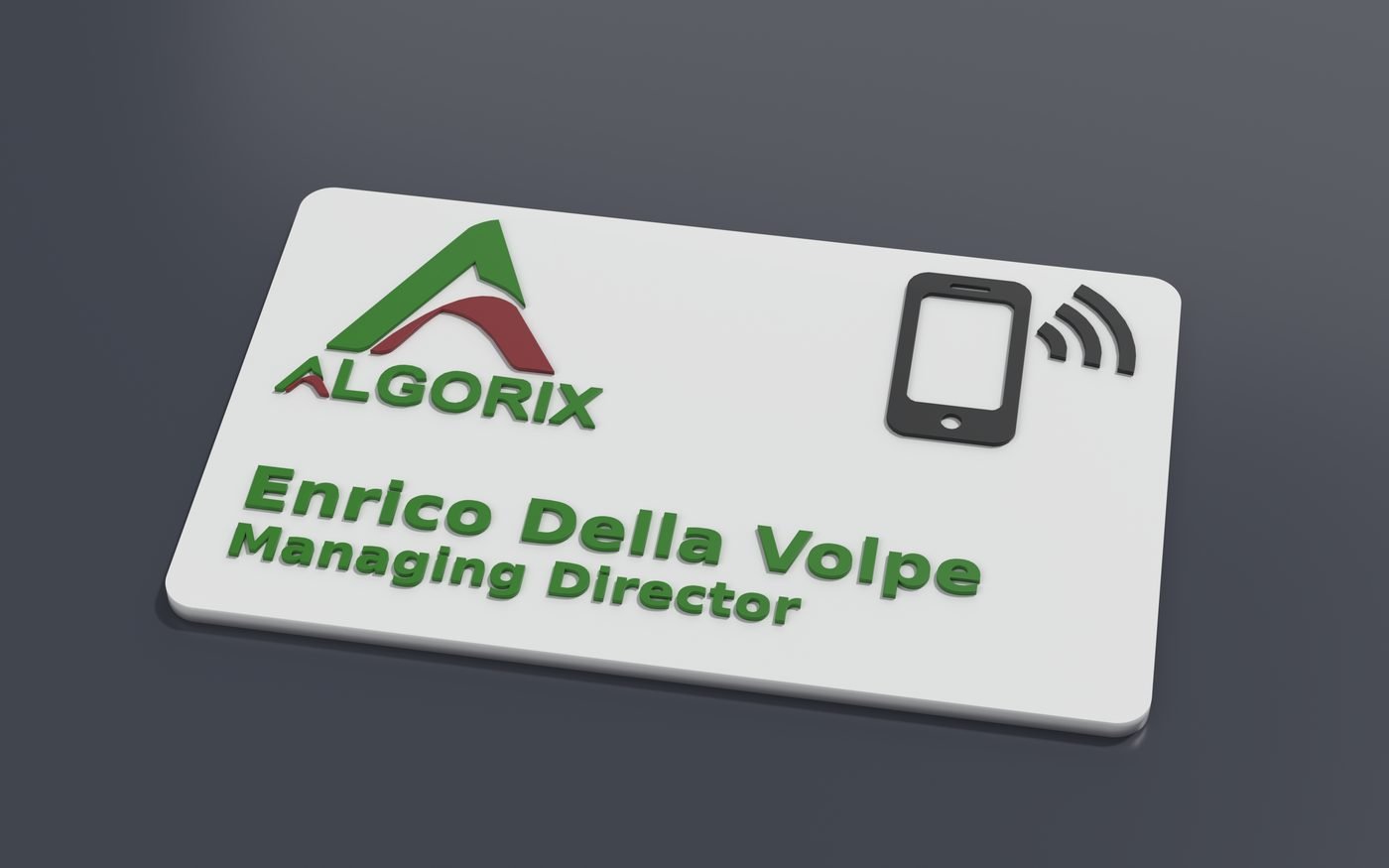 A printed NFC business card with a raised logo, name and the tap your phone symbol.