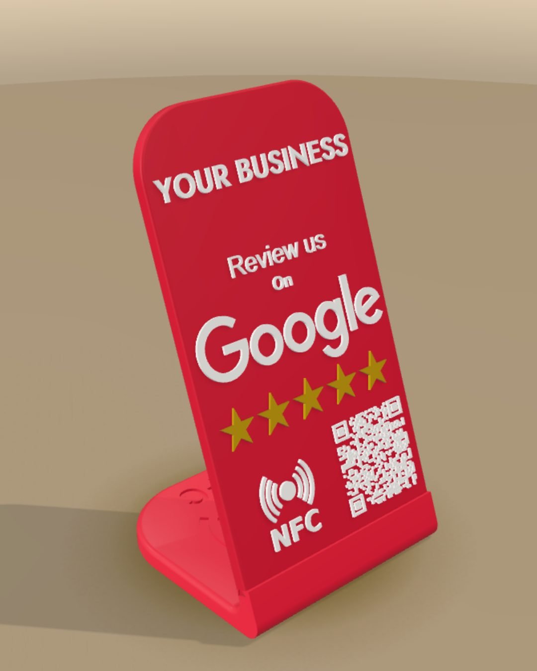 A red 3D printed stand on a desk. It says Review us on Google, with five stars, an NFC symbol and a QR code.